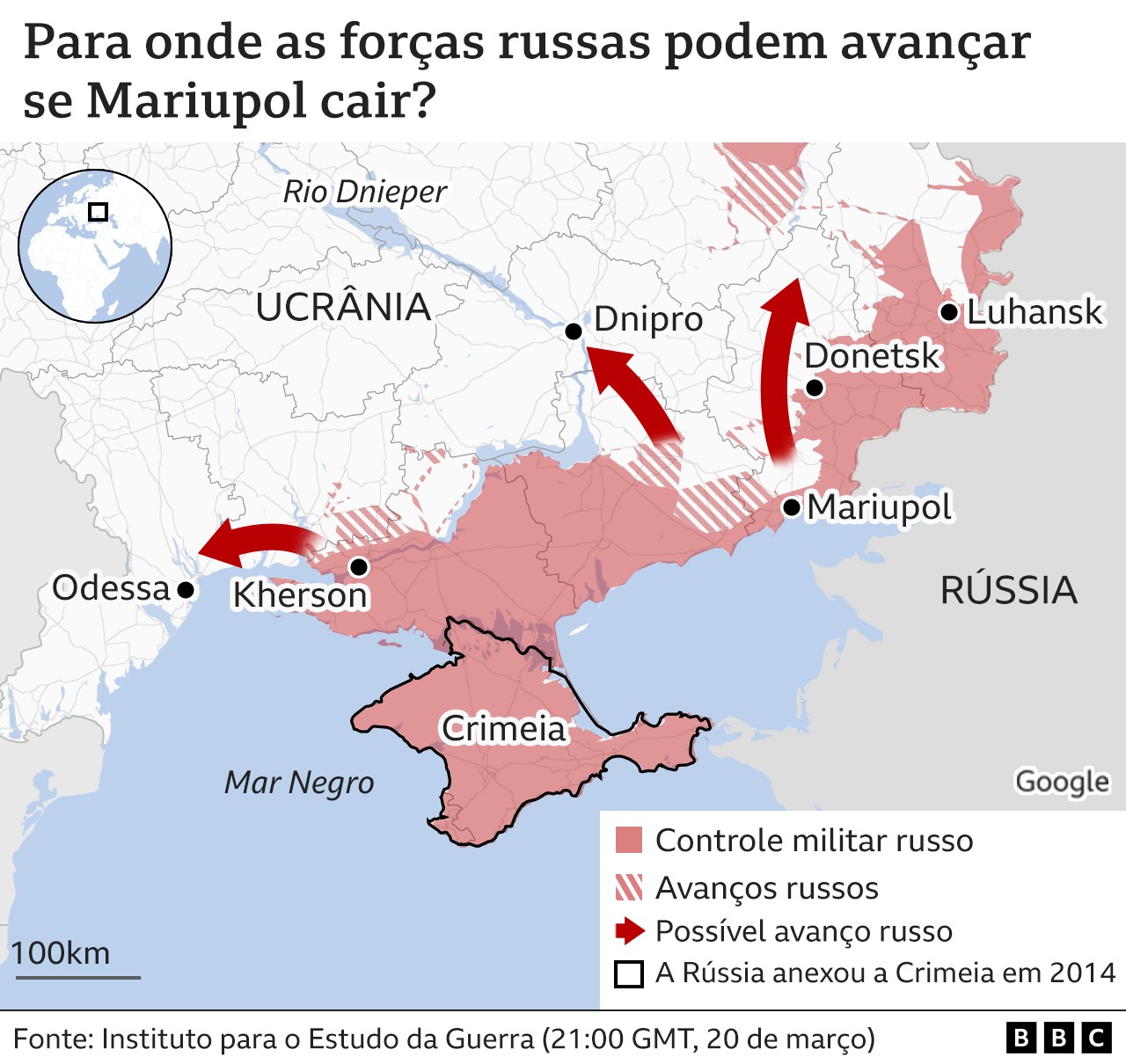 Mapa mostra para onde as forças russas podem avançar se Mariupol cair (Foto: BBC News)