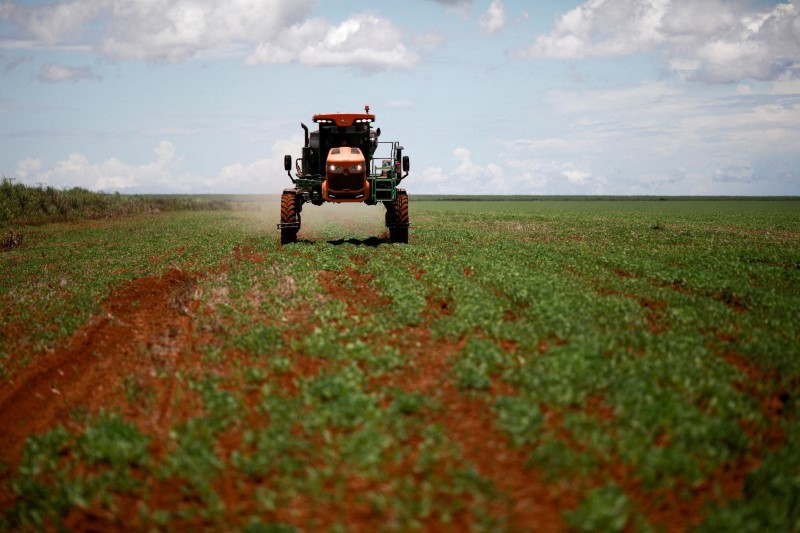 Um agricultor dirige um trator espalhando fertilizante em um campo de soja, perto de Brasília, Brasil  (Foto: REUTERS/Adriano Machado/Foto de arquivo)