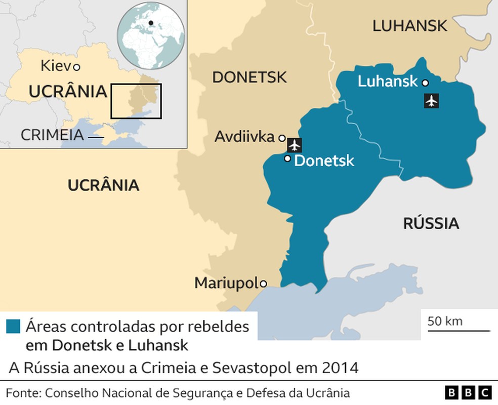 Regiões separatistas da Ucrânia — Foto: BBC