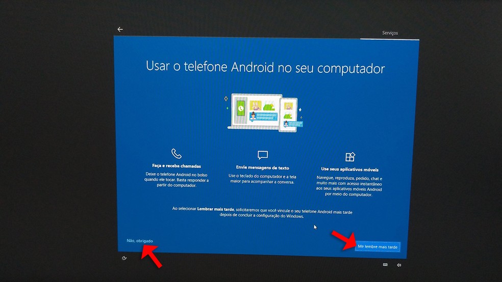 Tela da configuração do Windows 10 explicando acerca da conexão entre um telefone Android e o comptuador — Foto: Reprodução/Rafael Leite