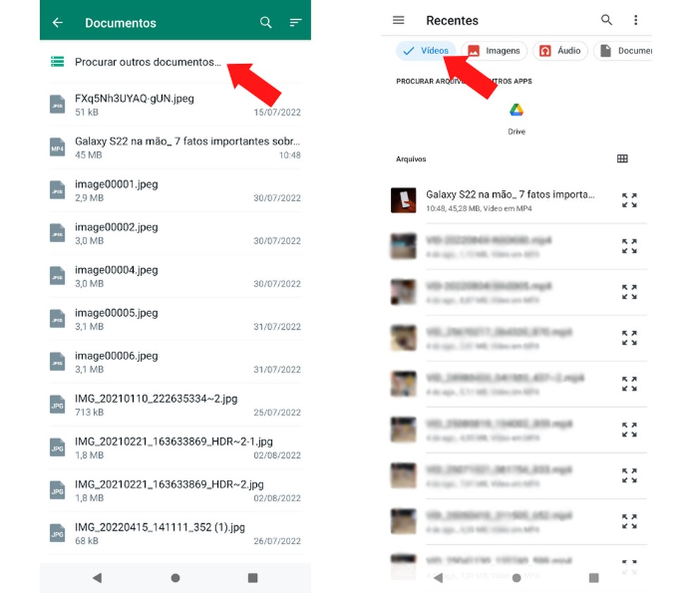 Selecionando vídeo a ser enviado através do WhatsApp — Foto: Reprodução/Mariana Tralback