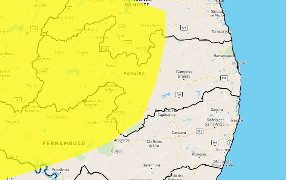 Alerta amarelo de perigo potencial de chuvas é emitido pelo Inmet para mais de 120 cidades da Paraíba — Foto: Inmet/Divulgação