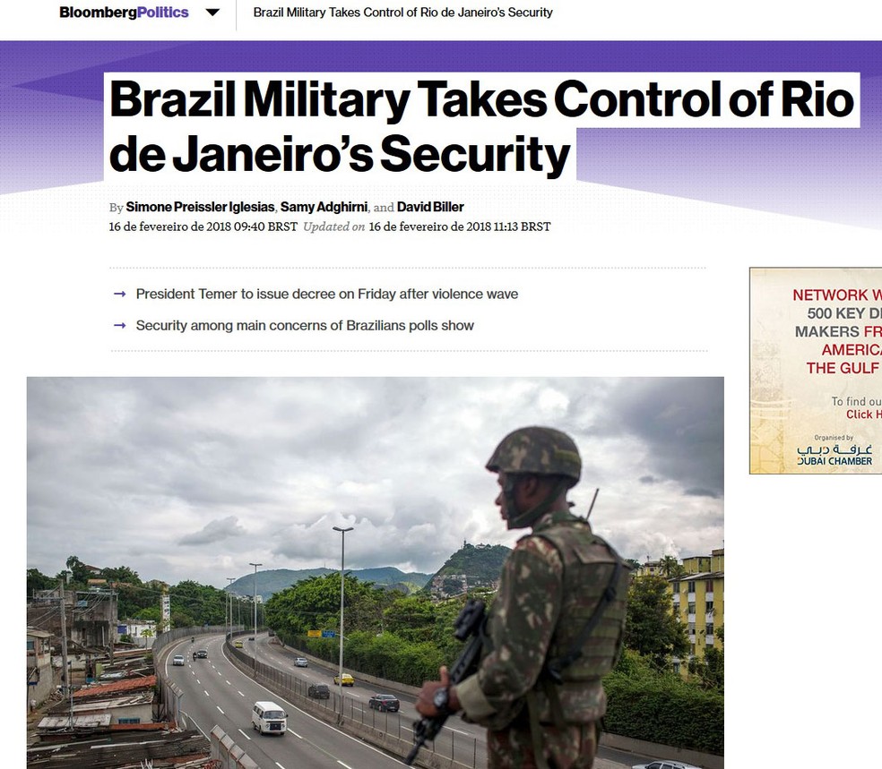 Reportagem da agência Bloomberg sobre a intervenção na segurança pública do Rio de Janeiro (Foto: Reprodução)