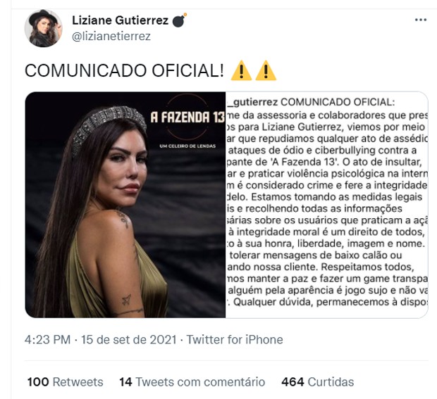 Equipe de Liziane Gutierrez rebate críticas à aparência da modelo (Foto: Reprodução/Twitter)