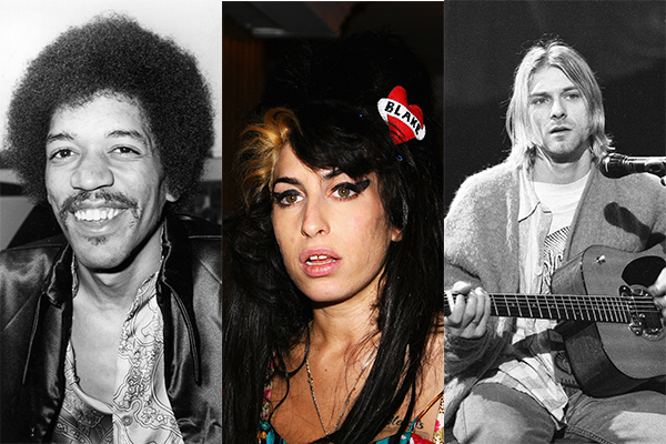 Jimi Hendrix, Amy Winehouse e Kurt Cobain (Foto: Getty Images)