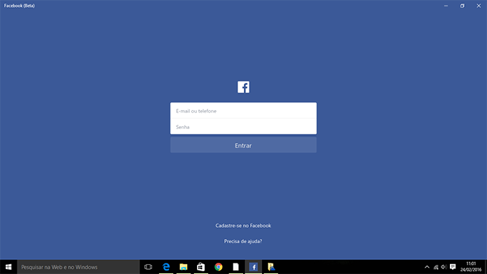 Facebook para Windows 10 exige o email e senha para login como no navegador (Foto: Reprodução/Elson de Souza)
