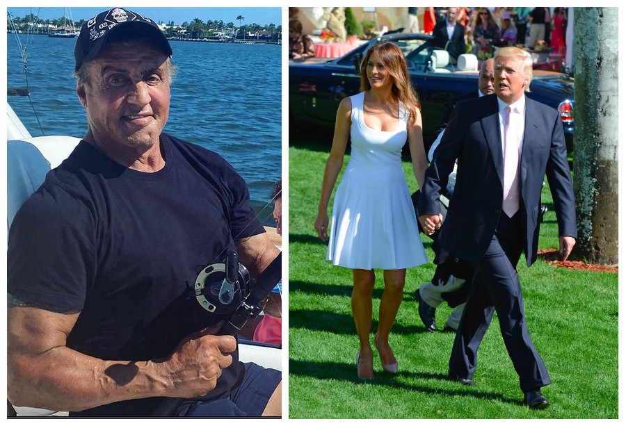 Sylvester Stallone pescando no resort de Donald Trump na Flórida e o ex-presidente em passeio pelo local na companhia da esposa, Melania Trump (Foto: Instagram/Getty Images)