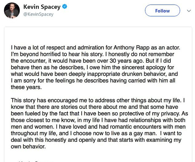 Pedido de desculpas de Kevin Spacey no Twitter veio com revelação de que o ator é gay (Foto: Reprodução/twitter)