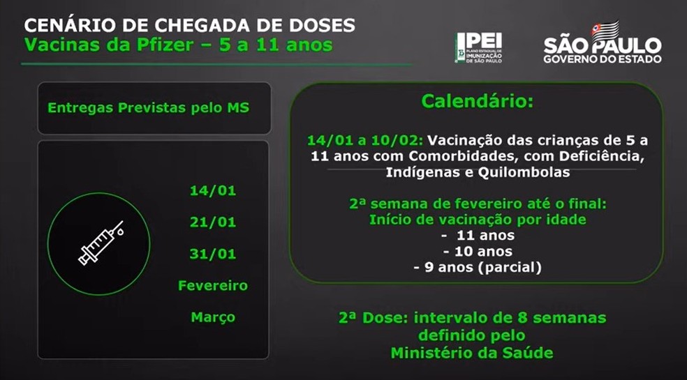 Calendário de vacinação de crianças previsto pelo governo de São Paulo. — Foto: Divulgação/ Governo de SP