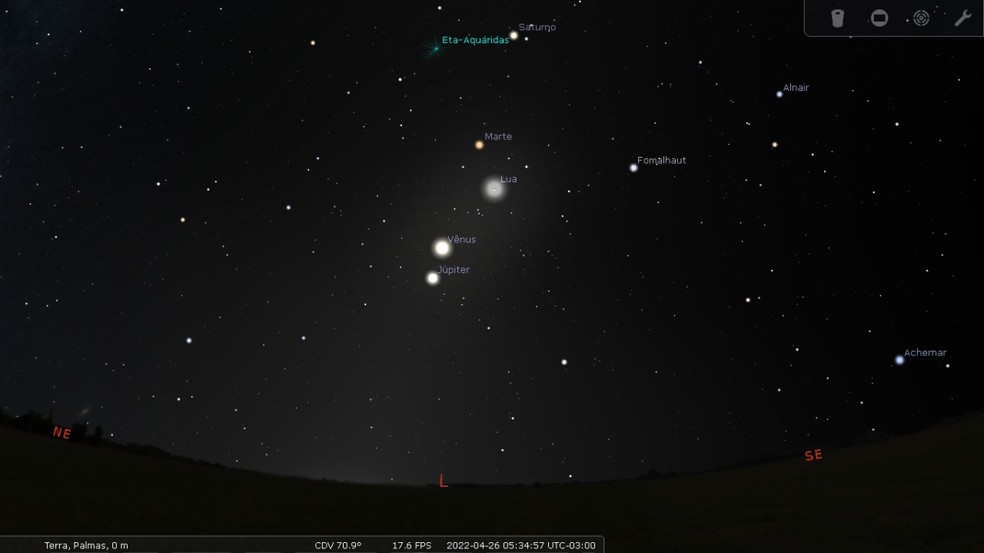 Software simula a aproximação dos planetas às 05h34 desta terça-feira (26), no céu de Palmas — Foto: Reprodução/Stellarium