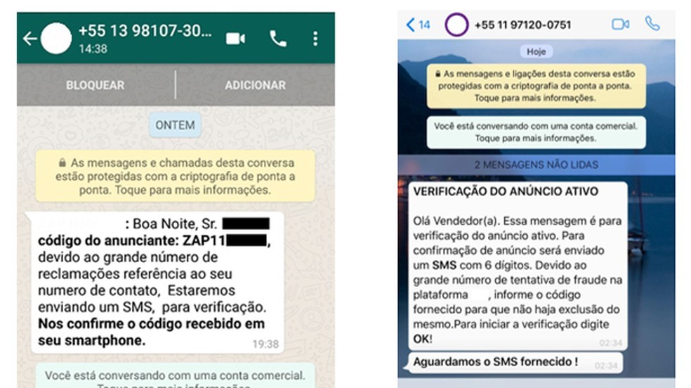 Mensagens enviadas pelos criminosos para tentar roubar o código de autenticação do usuário e fazer um WhatsApp clonado — Foto: Reprodução/Kaspersky Lab