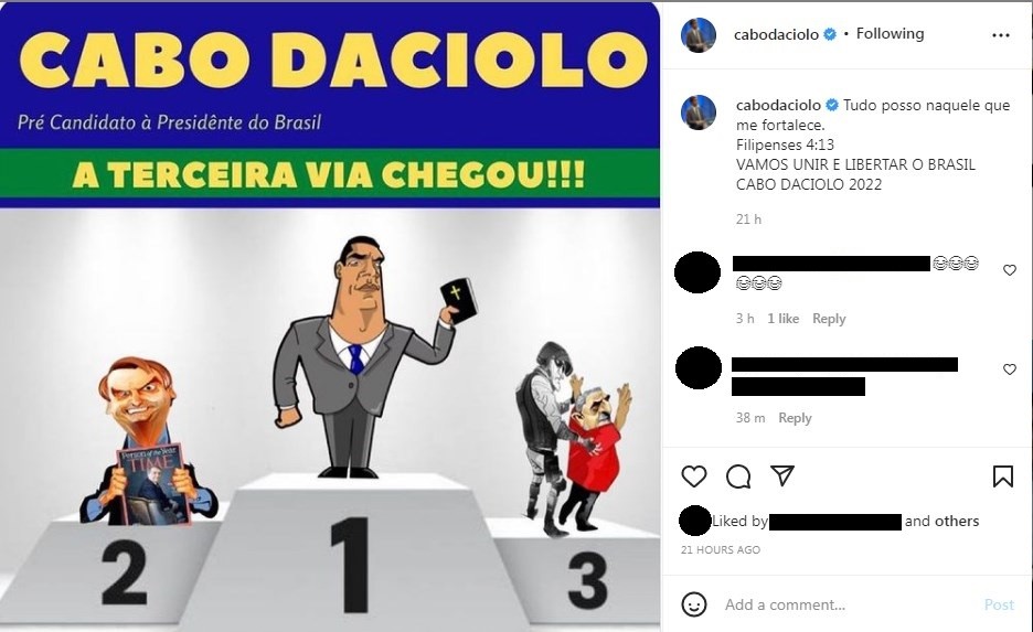 Post do ex-deputado Cabo Daciolo (Brasil 35) em que se apresenta como nome da "terceira via"
