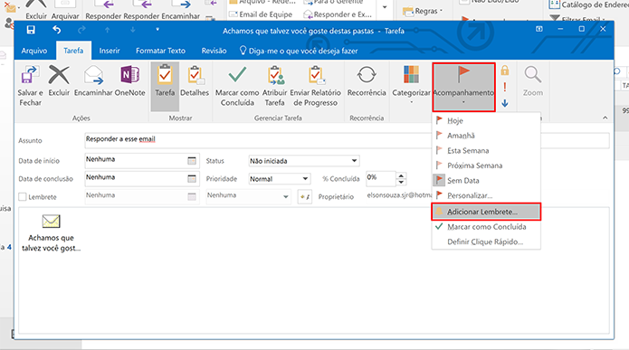 Clique em acompanhamento para criar lembrete de e-mails IMAP no Outlook (Foto: Reprodução/Elson de Souza)
