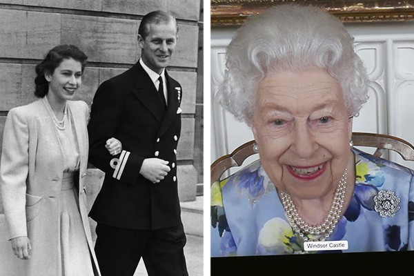 A rainha Elizabeth II e o príncipe Philip em 1947 (à esq.); monarca usou broche dado como presente de casamento em seu primeiro evento oficial após a morte do duque de Edimburgo em 9 de abril de 2021 (Foto: Getty Images)