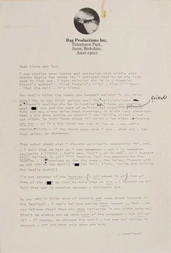 Uma página da carta de John Lennon e Paul McCartney (Foto: Reprodução)
