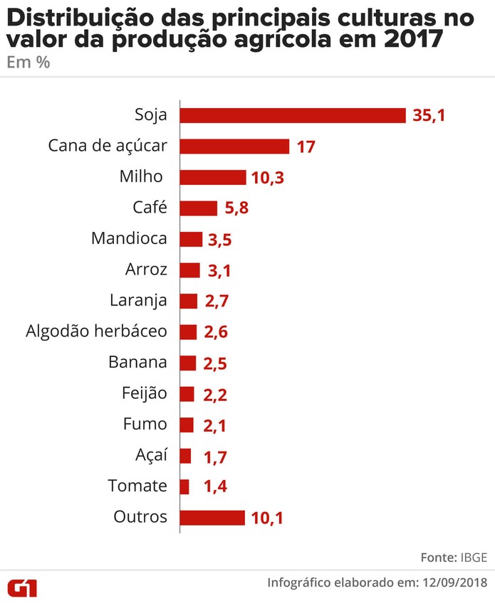 Principais culturas agrÃ­colas em valor de produÃ§Ã£o em 2017 â Foto: Alexandre Mauro/Arte G1