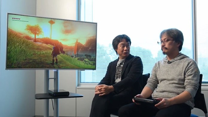 The Legend of Zelda para Wii U é demonstrado por Shigeru Miyamoto (esquerda) e Eiji Aonuma (direita) (Foto: Gematsu)