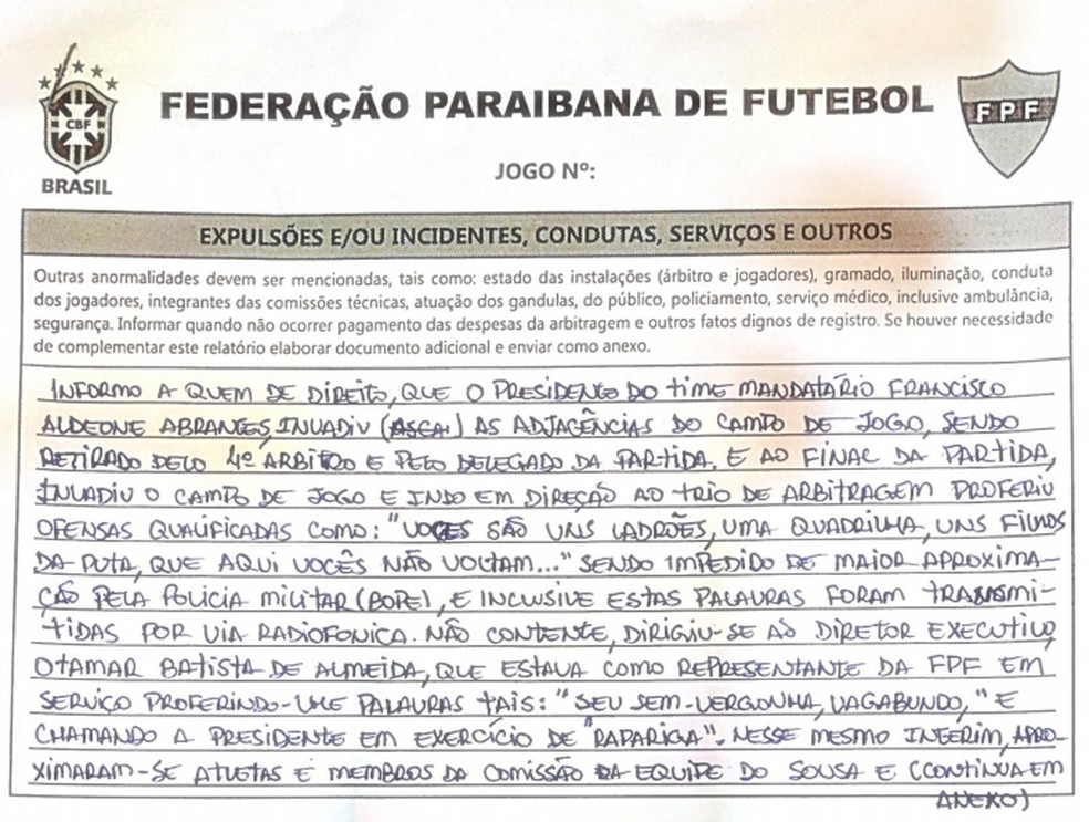 Invasão e ofensas de Aldeone Abrantes foram registradas na súmula da partida — Foto: Divulgação / FPF