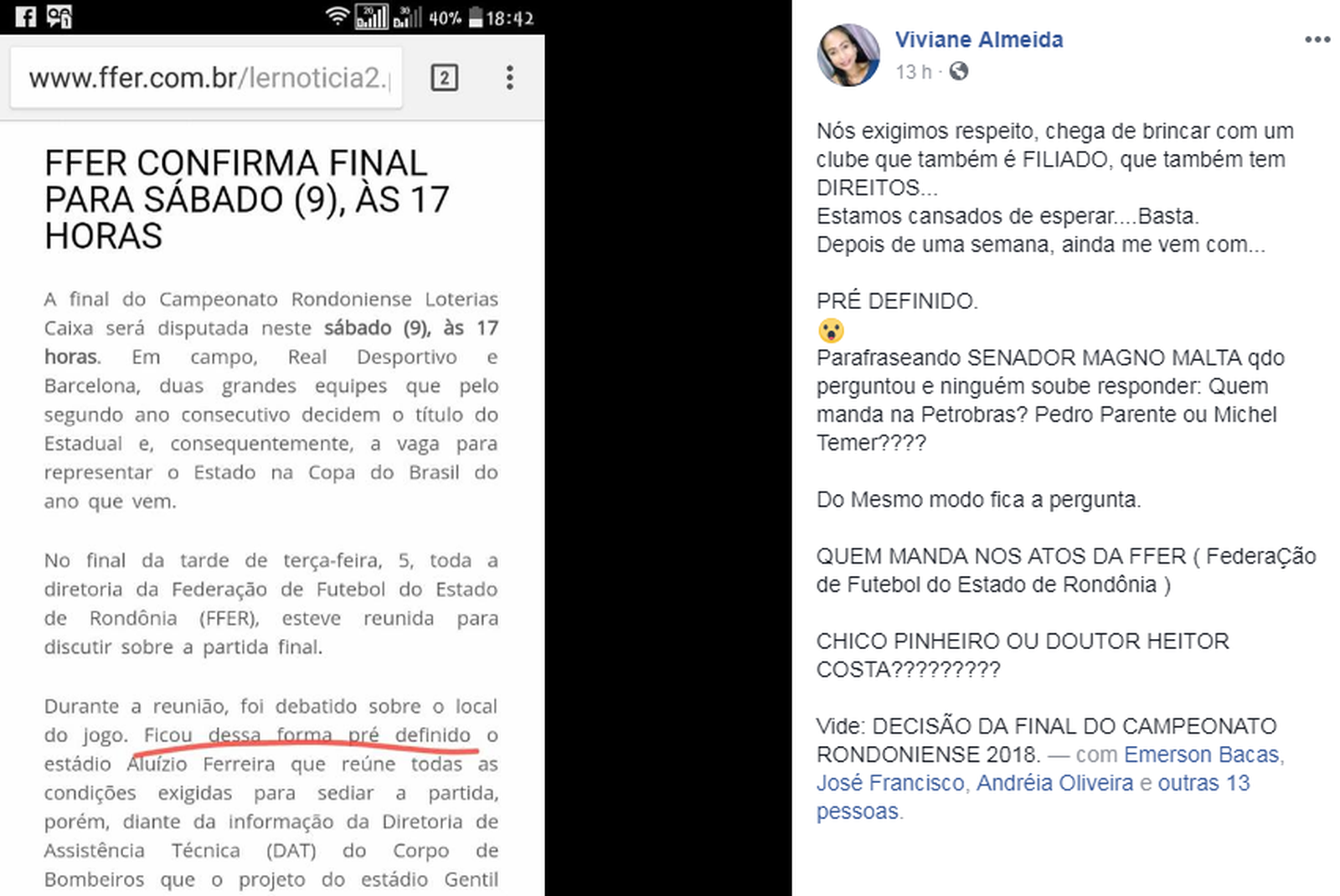 Viviane do Barcelona faz desabafo na rede social, jogando FederaÃÂÂÂ§ÃÂÂ£o contra presidente do Real Ariquemes (Foto: Facebook / ReproduÃÂÂÂ§ÃÂÂ£o)
