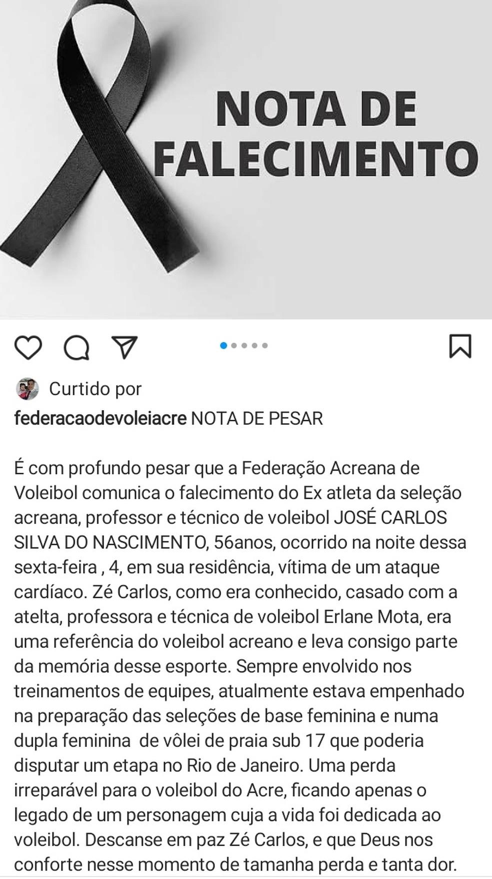 Feav divulga nota de pesar pela morte de professor Zé Carlos — Foto: Reprodução/Instagram