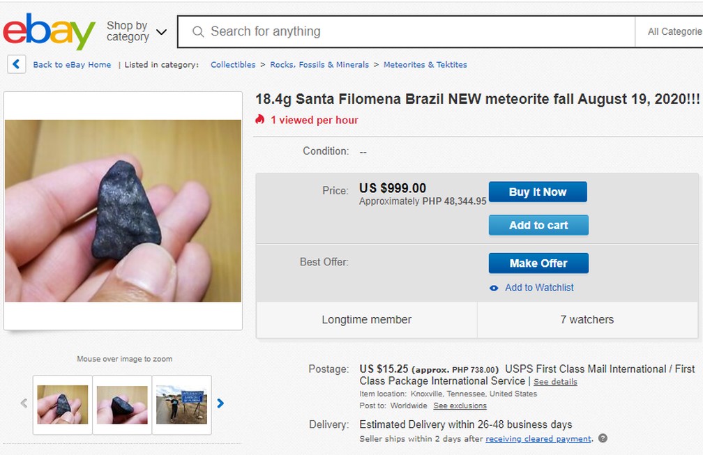 Porto riquenho vende meteorito que caiu em Santa Filomena, em Pernambuco, por cerca de R$ 5,6 mil. Na cidade, as pedras eram vendidas por moradores entre R$ 20 e R$ 40 por grama. Esta é revendida na web por mais de R$ 300 por grama — Foto: Reprodução