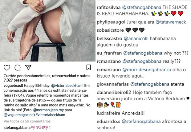 Stefano Gabbana vaia Victoria Beckham na web (Foto: Reprodução/Instagram)