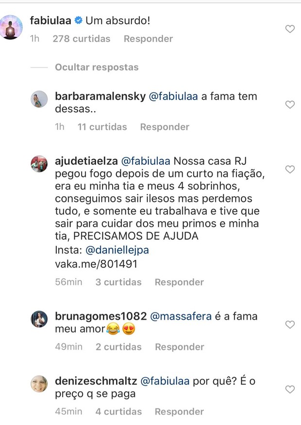 A atriz Fabiula Nascimento expressou seu apoio em post de Grazi MAssafera (Foto: Reprodução/Instagram)