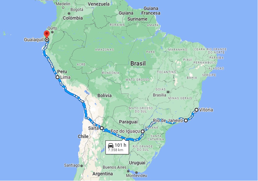 Trajeto feito pelo torcedor Wagner desde Vit&oacute;ria, no Esp&iacute;rito Santo &mdash; Foto: Reprodu&ccedil;&atilde;o