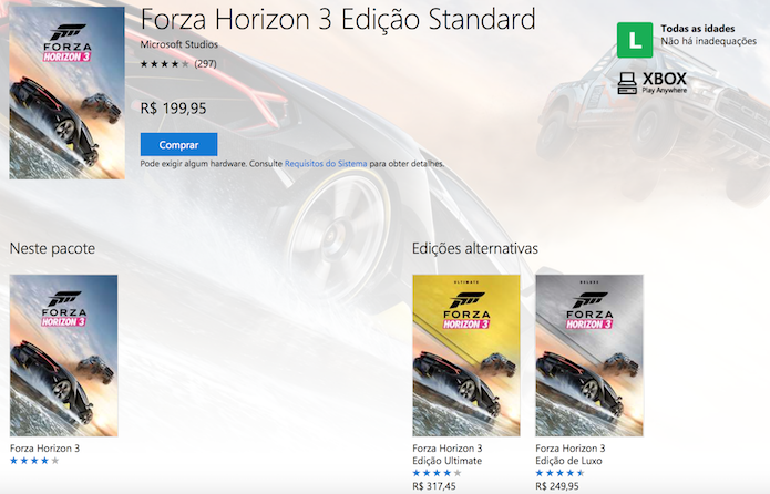 Forza Horizon 3 está disponível em três versões compatíveis com o Play Anywhere (Foto: Reprodução/Victor Teixeira)