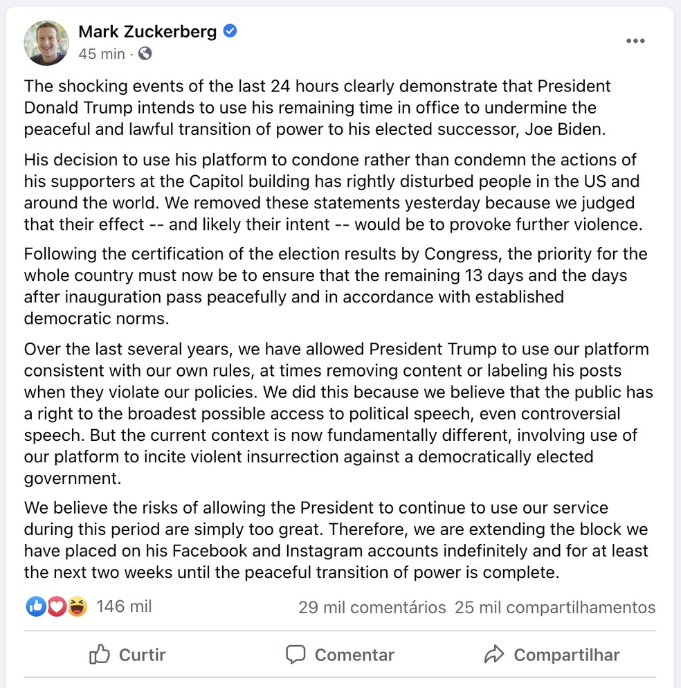 Mark Zuckerberg, presidente-executivo do Facebook, anuncia bloqueio das contas de Trump. — Foto: Reprodução/Facebook
