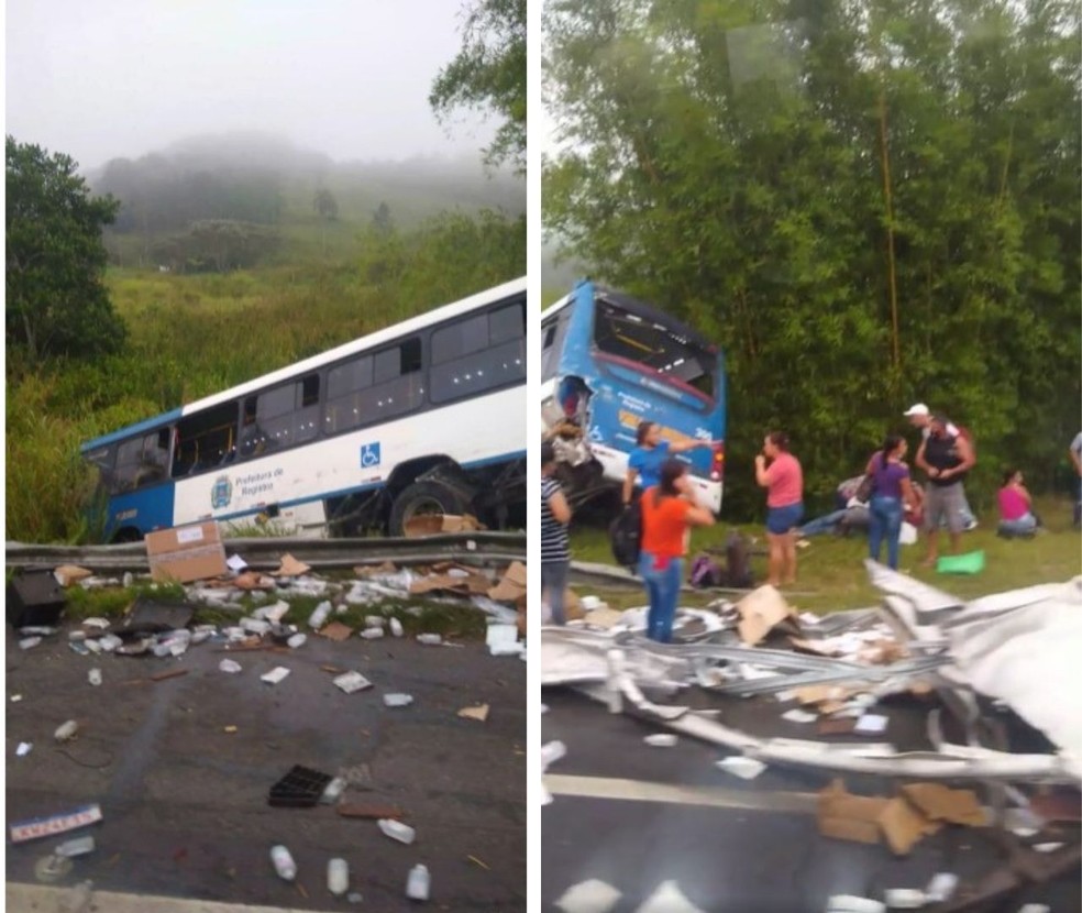 nibus com passageiros cai em ribanceira aps coliso de caminho  Foto: Reproduo