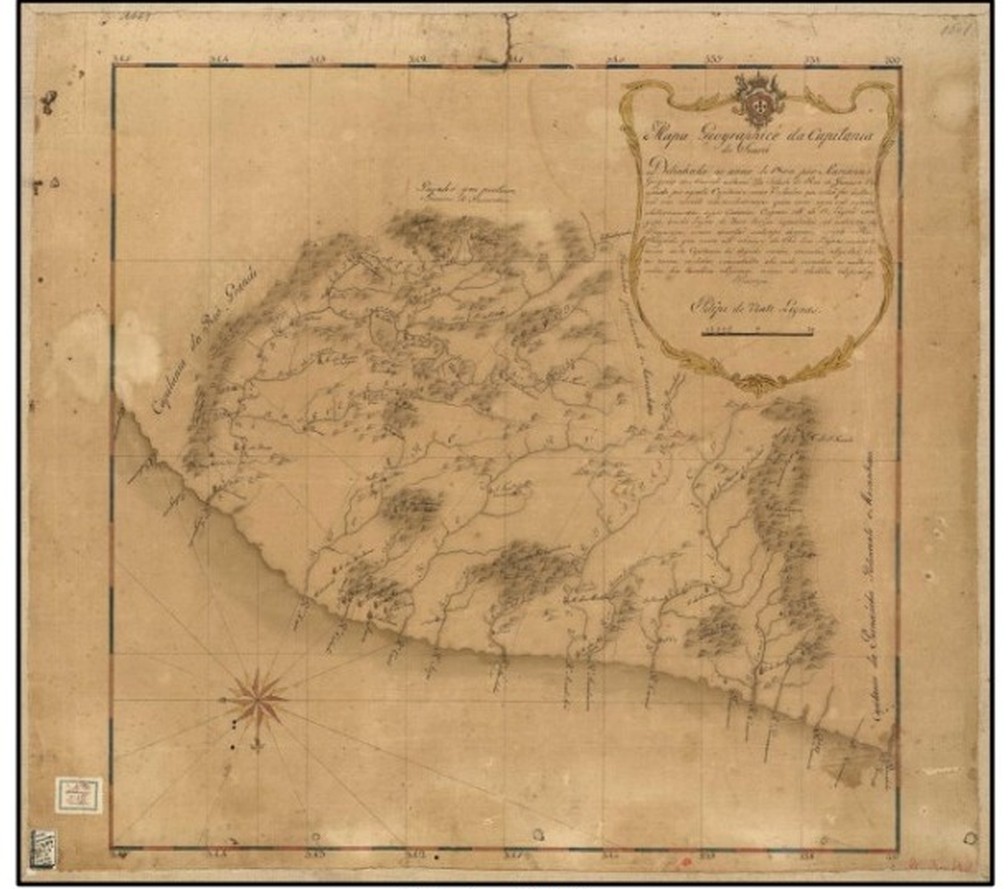 Mapa do Ceará foi definido anos depois do mapa do Piauí e não incluía litoral piauiense — Foto: Eric de Melo/Mapa Geographicó da Capitania do Seará de 1800 de Mariano Gregório do Amaral