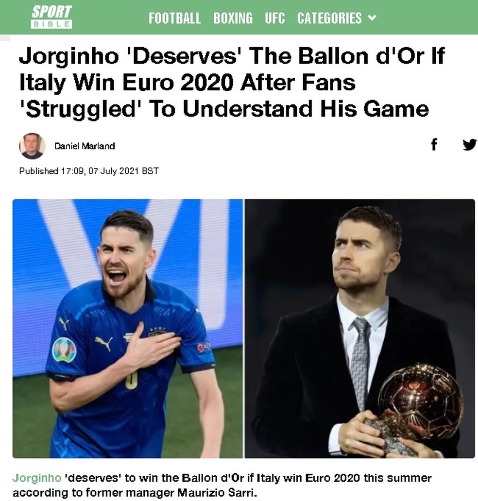 Site britânico "Spor Bible" defende o nome de Jorginho como candidato à "Bola de Ouro" — Foto: Reprodução/SportBible