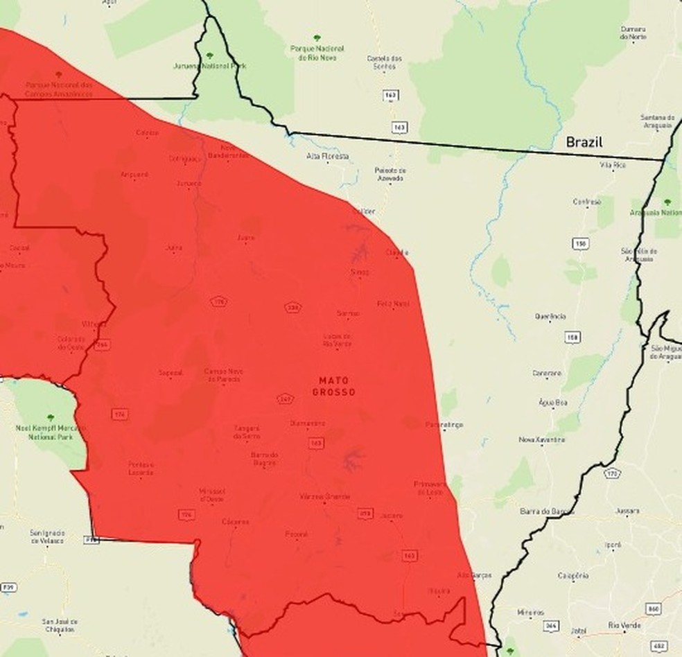 Alerta de perigo para temporais é emitido para 101 municípios de MT nesta quarta-feira — Foto: Inmet