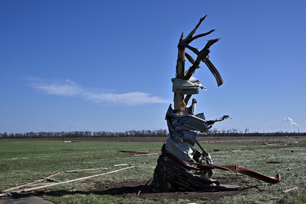 Partes de metal de um hangar destruído por tornado ficaram presas no tronco de uma árvore no Aeroporto Municipal de Robinson, em Palestine, Illinois — Foto: Jon Cherry/Reuters