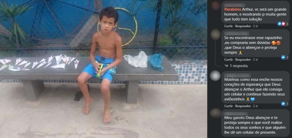 Arthur Ferreira dos Santos, de 7 anos, queria vender aviões de papel para comprar um celular novo  — Foto: Reprodução/Facebook