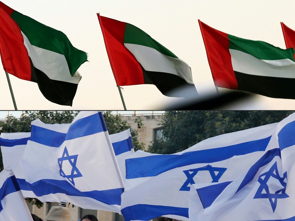Montagem mostra fotos de bandeiras dos Emirados Árabes Unidos (parte superior) e de Israel (parte inferior)