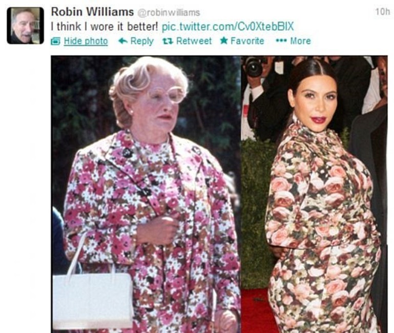 O tuíte de Robin Williams fazendo piada com o vestido de Kim Kardashian (Foto: Twitter)