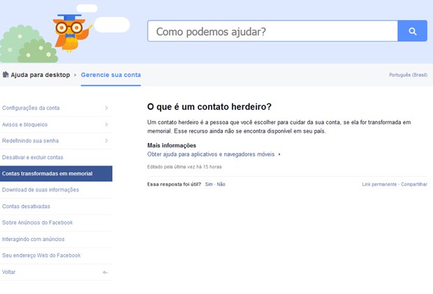 Página de orientação do Facebook informa sobre a função de 'contato herdeiro', ainda não disponível no Brasil (Foto: Reprodução / Facebook)