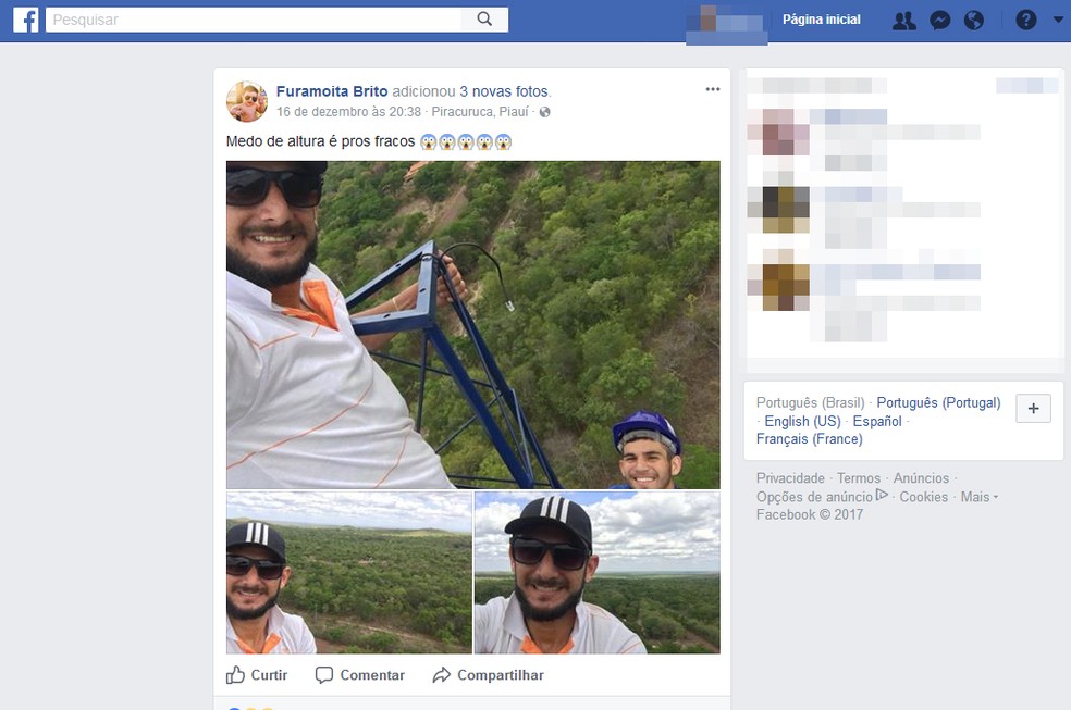 Vítima publicou foto no alto de uma torre dois dias antes do acidente (Foto: Reprodução/Facebook)