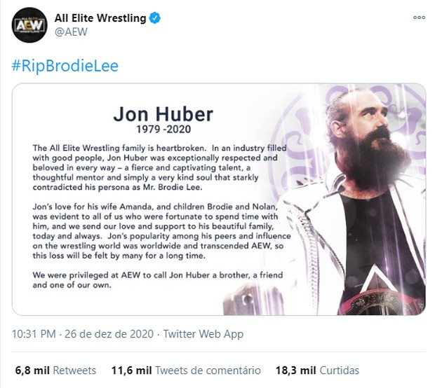 All Elite Wrestling anuncia a morte do lutador Brodie Lee (Foto: Reprodução/Twitter)