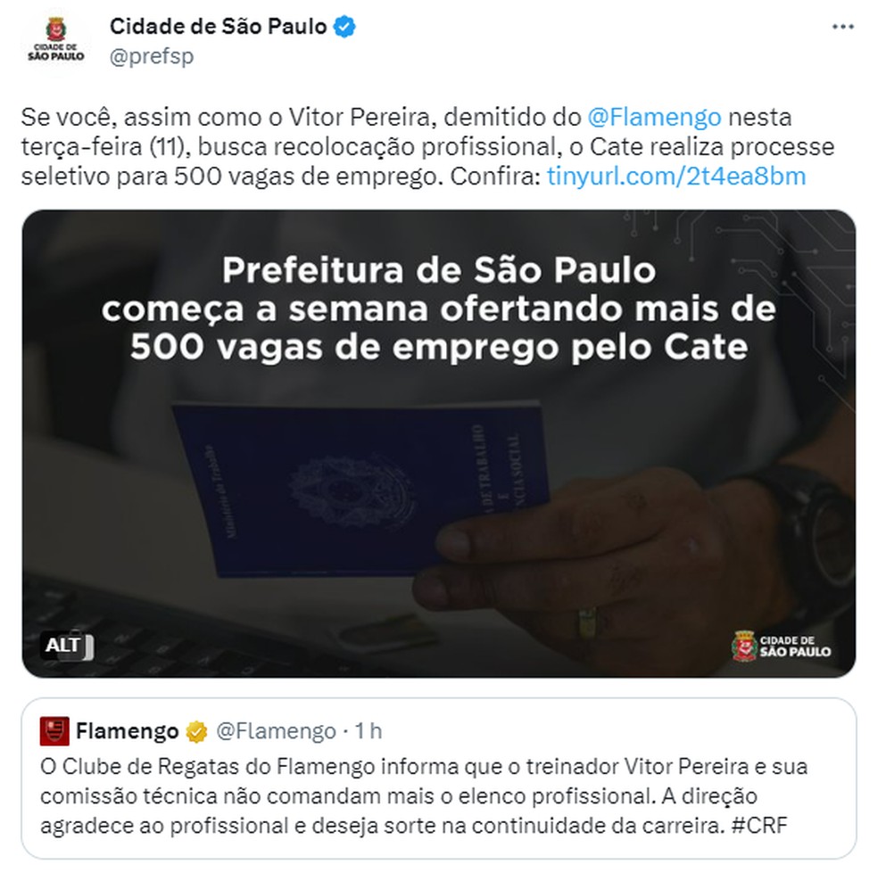 Prefeitura de SP debocha de demissão do técnico do Flamengo para anunciar 500 vagas de emprego — Foto: Reprodução/Twitter