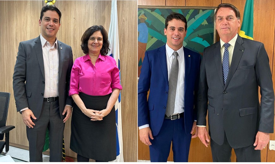 O deputado Júnior Mano (CE) em reunião com a ministra Nísia Trindade, e posando com o ex-titular do Planalto, Jair Bolsonaro