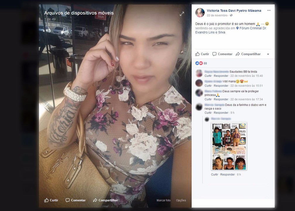 Victoria postou foto ainda no fórum e publicou na rede social (Foto: Reprodução/Facebook/Victoria Toss Davi Pyetro Mãeama)