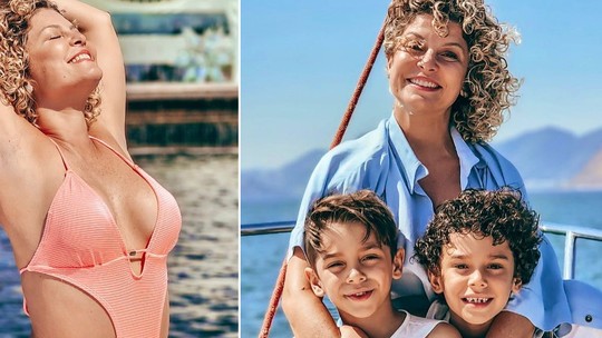 Aos 43, Bárbara Borges arrasa de maiô em passeio de barco com os filhos