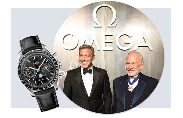 George Cloone, Buzz Aldrin e o novo relógio da Omega no detalhe (Foto: Arte Vogue Online e Divulgação)