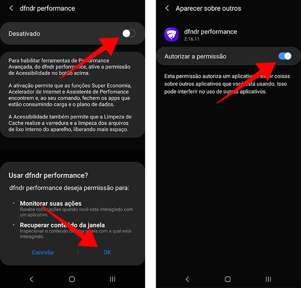 Ligue as chaves ao lado do dfndr performance nas configurações do Android — Foto: Reprodução/Paulo Alves