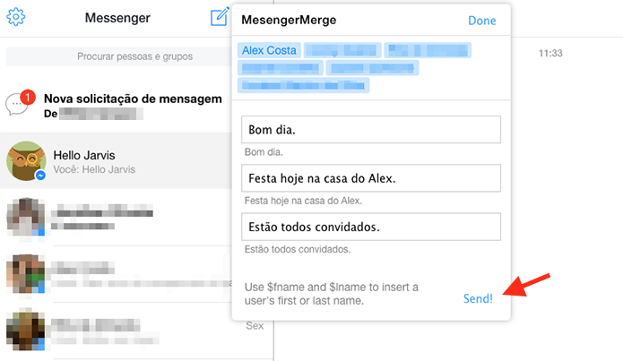 Enviando simultaneamente três mensagens para várias pessoas no Facebook Messenger Web (Foto: Reprodução/Marvin Costa)