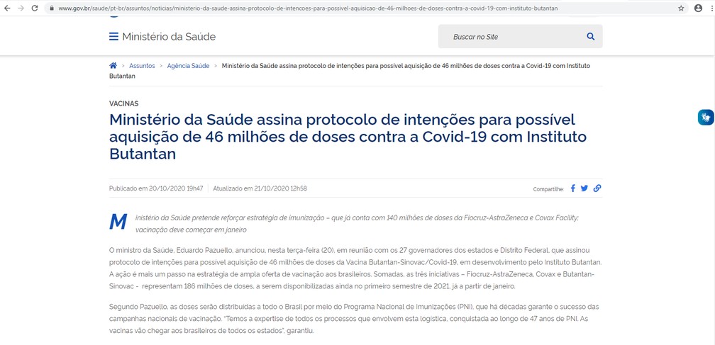 Segunda versão do comunicado do Ministério da Saúde fala em 'possível aquisição' da CoronaVac. — Foto: Reprodução/Ministério da Saúde