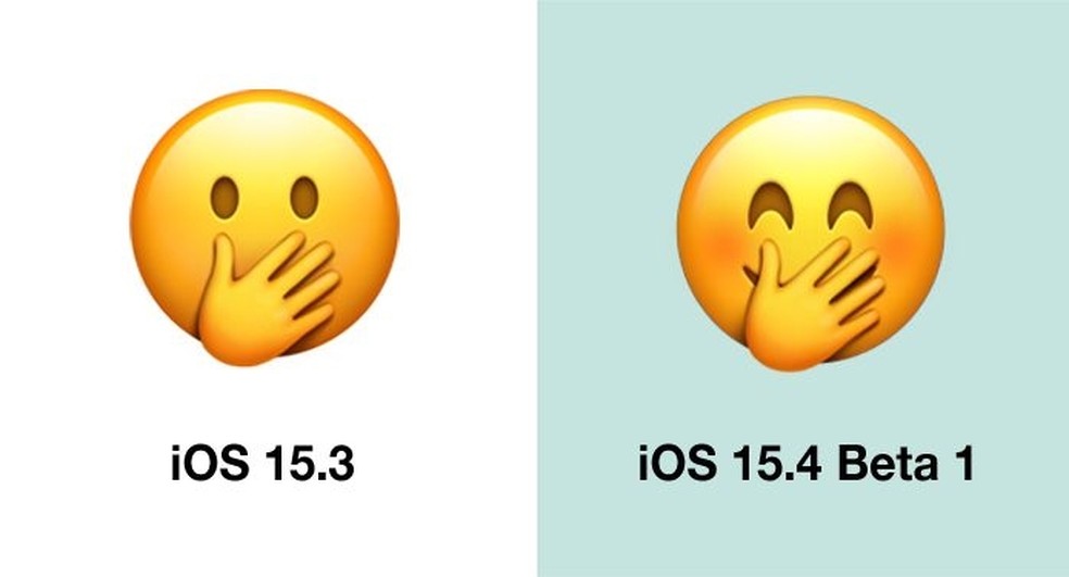 Comparação entre as carinhas com a mão sobre a boca no iOS 15.3 e iOS 15.4 — Foto: Reprodução/Emojipedia